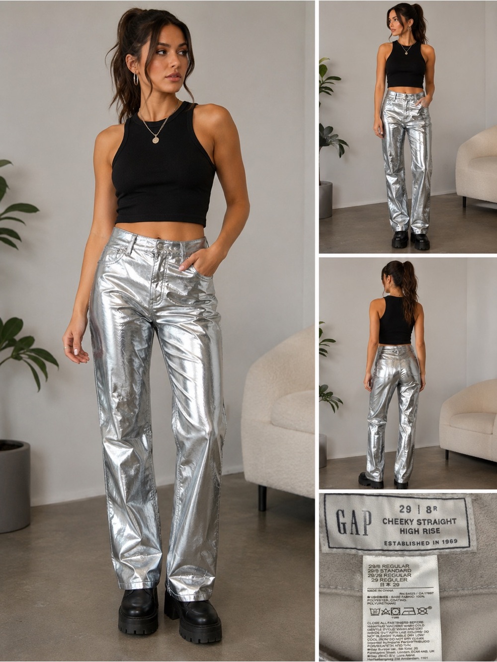 Gap Cheeky Straight High Rise Metallic Silver Pants Size 29/8 Futuristic Y2K